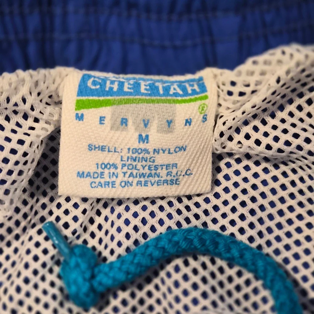 Vintage Cheetah Mervyns Mens Blue Nylon Swim Trunks Shorts Size M Mesh Lining